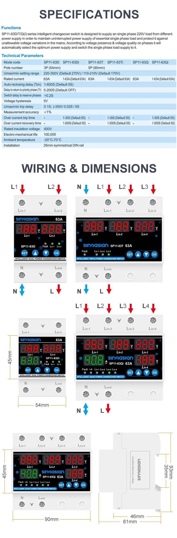 Sinoasian 3 Lines 63A Automatic Electronic Phase Transfer Changeover Switch