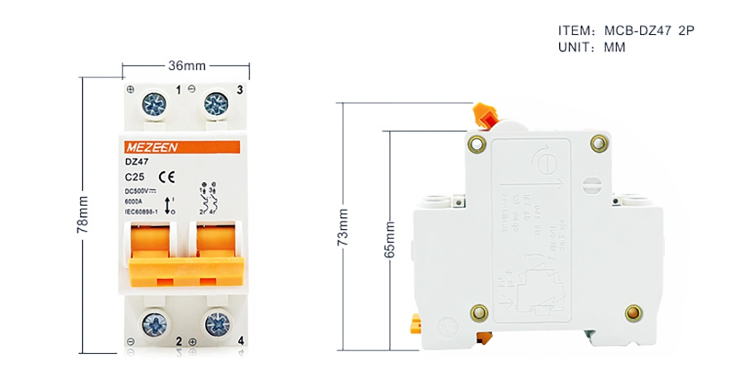 2p MCB Dz47-63 1A 2A 3A 4A 5A 6A 10A 16A 20A 32A 40A 50A 63A DC 500V 1000V DC Mini Circuit Breaker