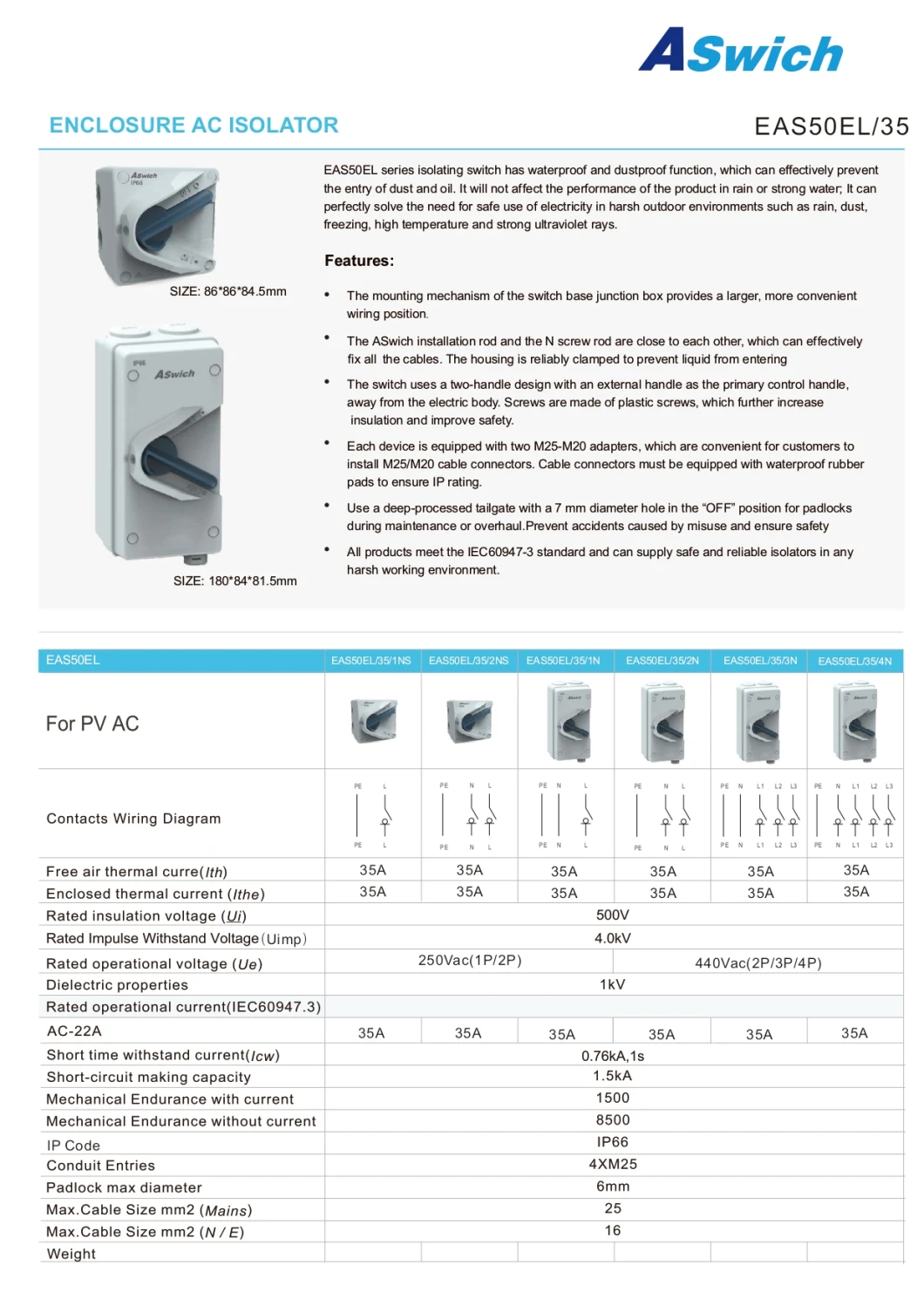 Aswich IEC EAS 250V 2p Photovoltaic Power Generation System PV AC 63A Isolator